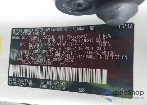 2012 Toyota Highlander Base V6 из США, поврежденный, VIN 5TDZK3EHXCS083195